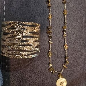 Vintage Anne Klein Amber Tone Genuine Mother Of Pearl Necklace and Goldtone Cuff